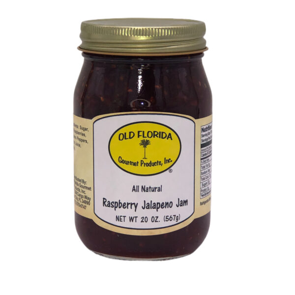 Raspberry Jalapeno Jam in a glass jar from Old Florida Gourmet.
