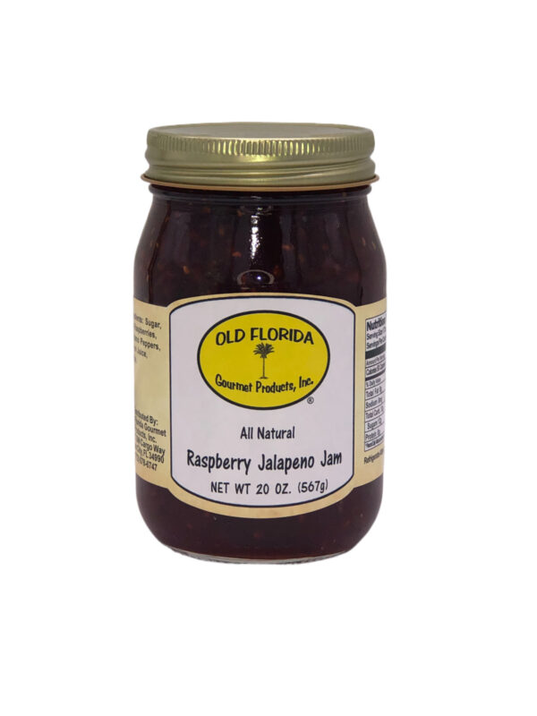 Raspberry Jalapeno Jam in a glass jar from Old Florida Gourmet.